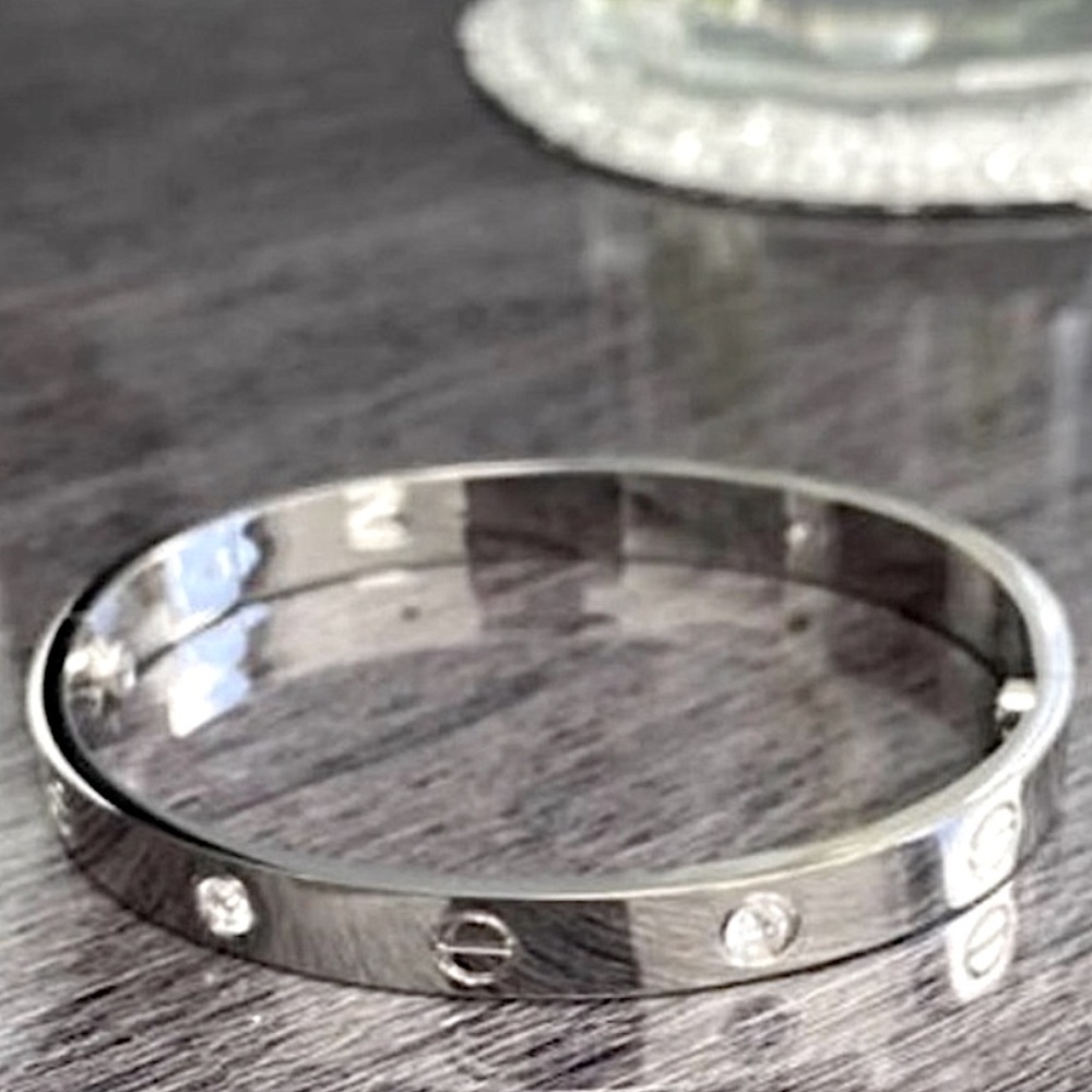 Stainless Steel Bangle Bracelet With Stones Platinum Plating